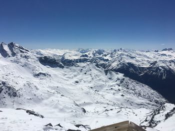 Scenic view of snowcapped mountains against clear blue sky