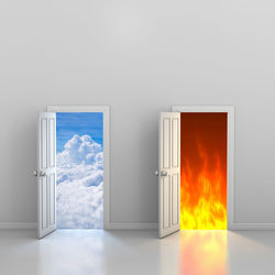 Digital composite image of open door against wall