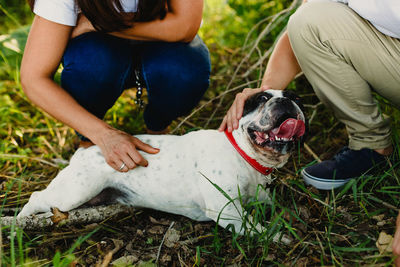 Midsection of woman with dog sitting on field