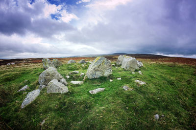 Rocks on field against sky