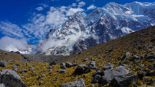 Scenic view of snowcapped mountains against sky