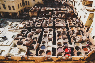 High angle view of leather tannery in fes