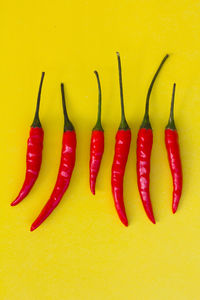 Close-up of red chili pepper against yellow background