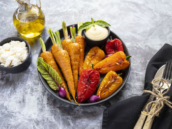 High angle view of food in plate on table