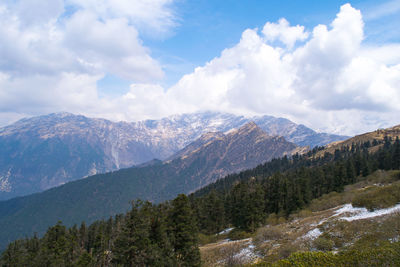 Scenic view of mountains against sky during winter