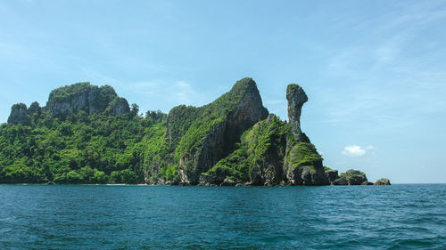 Scenic view of bay against clear sky