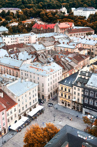 High angle view of street and buildings in city