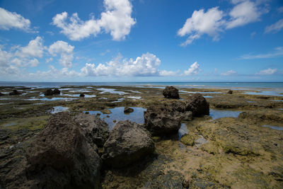 Rocks on beach against sky