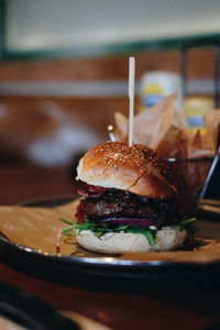 Close-up of burger in container