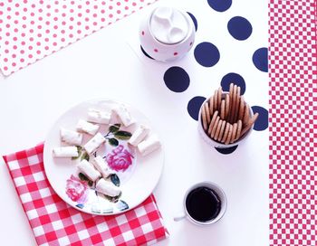 High angle view of cupcakes on table