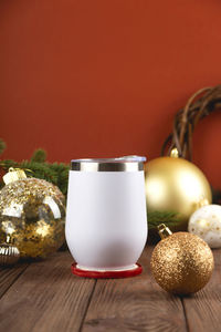 Close-up of christmas decorations on table