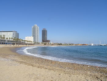 View of beach with city in background