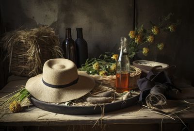 High angle view of hat on table