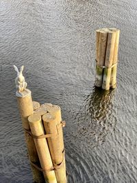 High angle view of wooden post in lake