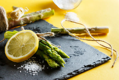 High angle view of fruits on cutting board