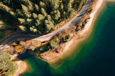 Aerial view of car on road by lake and forest in autumn