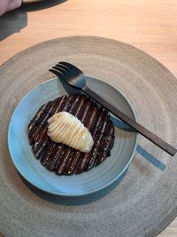 High angle view of dessert in plate on table