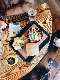 High angle view of meal served on table at restaurant