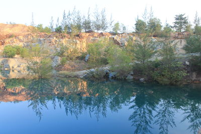 Reflection of trees in water against sky