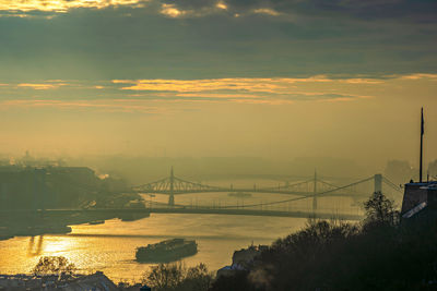 Bridge over river against sky during sunset