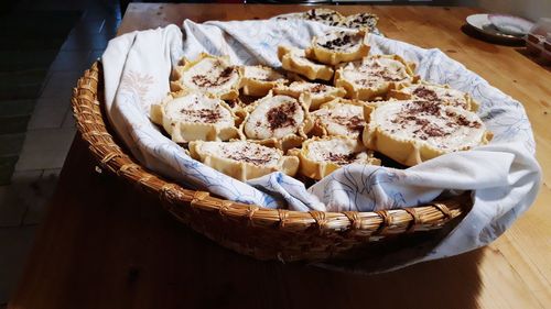 High angle view of cake in basket on table