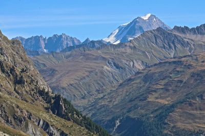 Scenic view of snowcapped mountains against clear sky