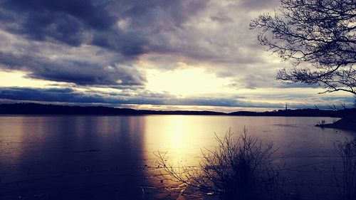 Scenic view of lake against cloudy sky