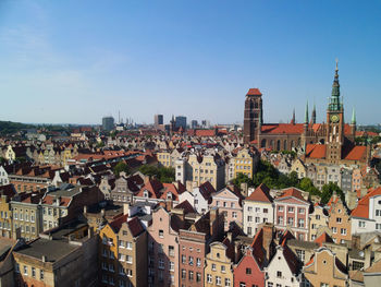 High angle view of buildings in city, aerial view on old town in gdansk, poland. 