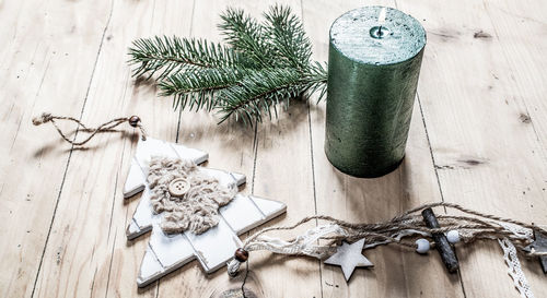 High angle view of christmas tree on table