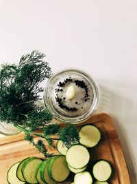 High angle view of glass jar on table