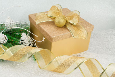 High angle view of christmas decoration in box