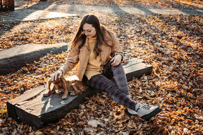 Caring for your pet in autumn, cute english cocker spaniel puppy walking with female owner in