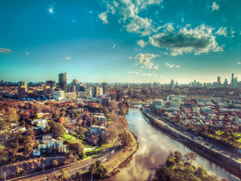 High angle view of yarra river amidst buildings in city