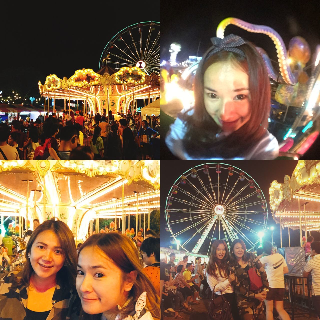 lifestyles, illuminated, leisure activity, night, togetherness, enjoyment, happiness, arts culture and entertainment, fun, celebration, person, looking at camera, portrait, bonding, front view, amusement park, standing, casual clothing, large group of people