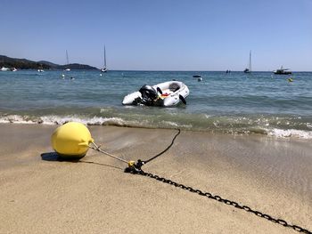 Nautical vessel on beach against clear sky