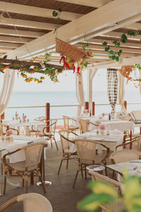 Empty chairs and tables in restaurant