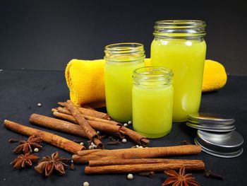 Close-up of beer in jar on table