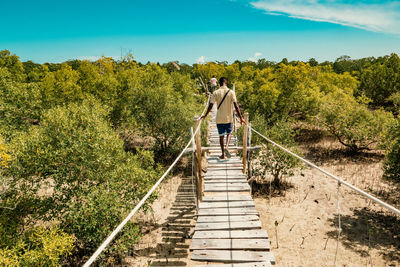 Tourists walking on the mangrove boardwalk at mida creek in watamu during low tide, malindi in kenya