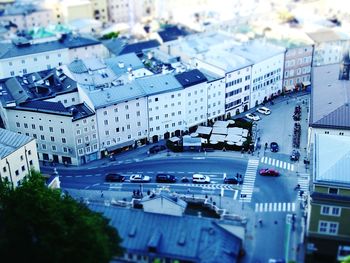 High angle view of street amidst buildings in city