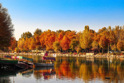 Scenic view of lake against clear sky during autumn