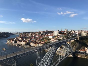 Bridge over river in city against sky