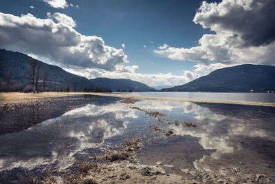 Scenic view of lake and mountains against sky