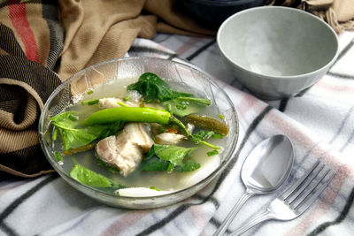 High angle view of noodles in bowl on table