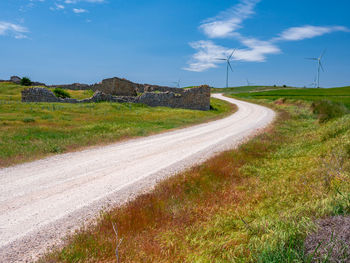 Dirt road amidst field against sky