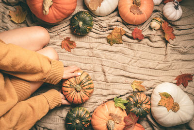 High angle view of pumpkins on table