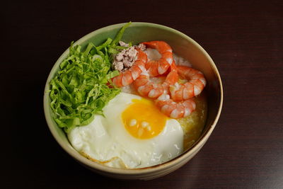 High angle view of breakfast in plate on table