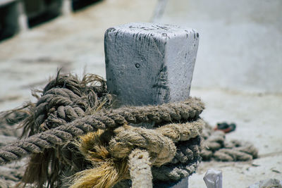 Close-up of rope tied on wooden post