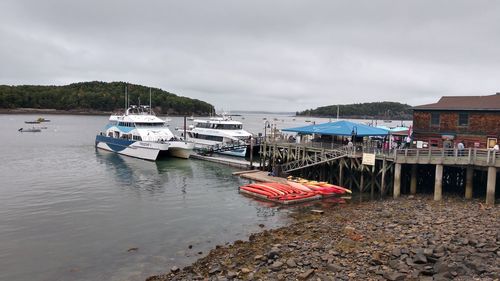 Fishing boats moored at harbor against sky