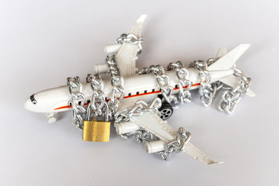 High angle view of objects on table