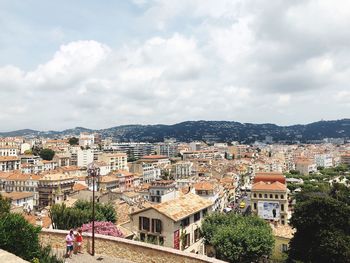 High angle shot of townscape against sky